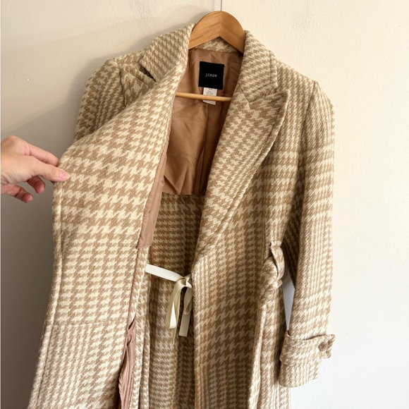 Vintage J. Crew Houndstooth long Wool Coat Tan Cream Size 4 P Checkered belted - Picture 9 of 16